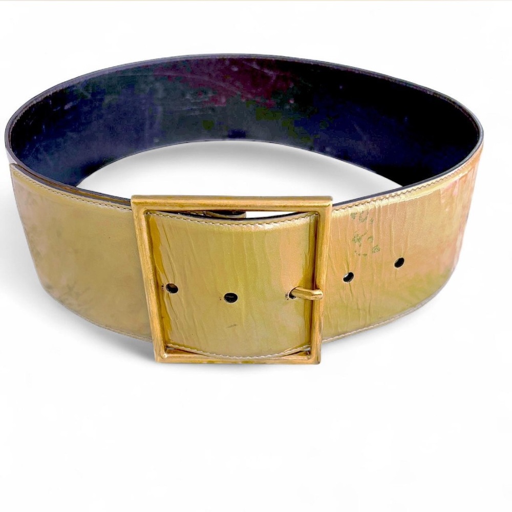 Yves Saint Laurent Iridescent Gold Wide Leather Belt with Square Buckle